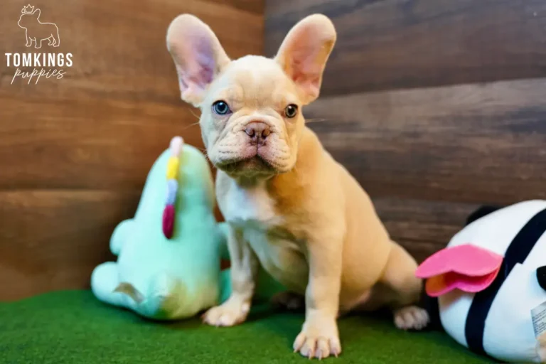 Yang, an isabella fawn French Bulldog puppy, facing forward while sitting indoors on green turf with plush toys around him.